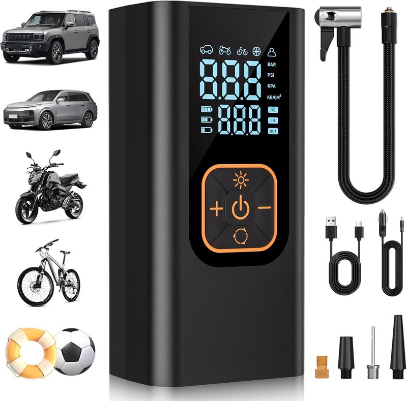 QKMPOM 180PSI Tire Inflator Portable Air Compressor, 6X Faster Air Pump for Car Tires with Digital Pressure Gauge, 12V DC Adapter, LED Light, Portable Tire Inflator for Car, Motorcycle, Bike, Balls - Image 1